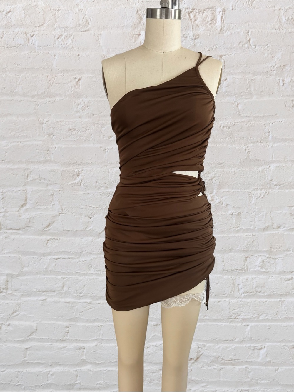 Zara One-Shoulder Brown Ruched Mini Dress with Side Cutout